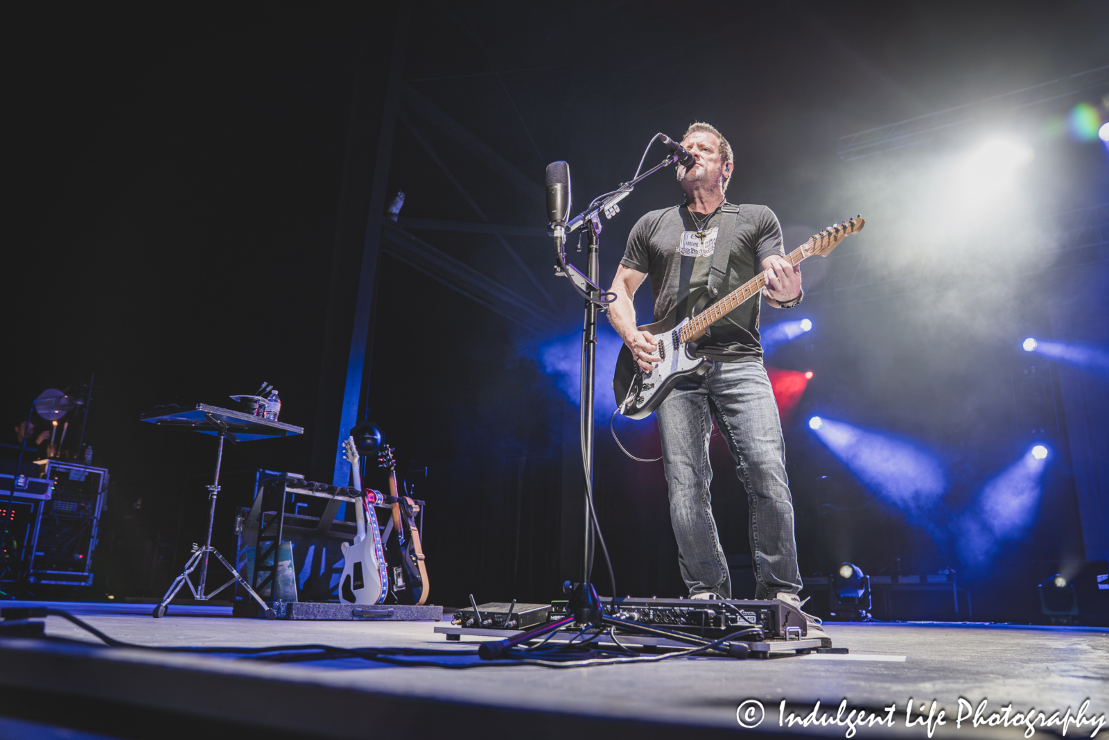 Little River Band guitarist Colin Whinnery live in concert performing "Reminiscing" at Azura Amphitheater in Bonner Springs, KS on September 25, 2025.