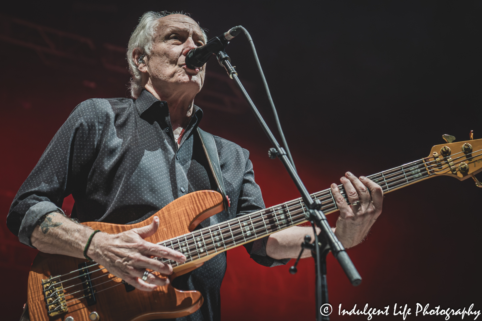 Little River Band frontman and bass guitarist Wayne Nelson performing "Man on Your Mind" live in concert at Azura Amphitheater in Bonner Springs, KS on September 25, 2025.