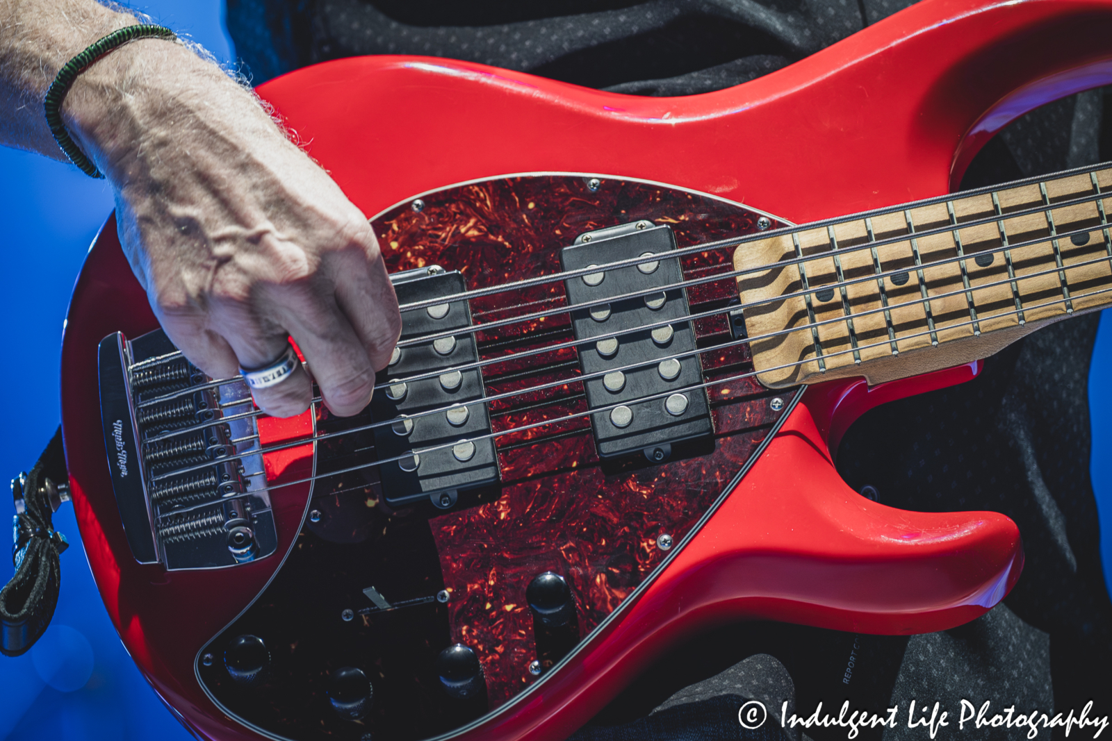 Bass guitar of Little River Band lead singer Wayne Nelson as he performed live at Azura Amphitheater in Bonner Springs, KS on September 25, 2025.