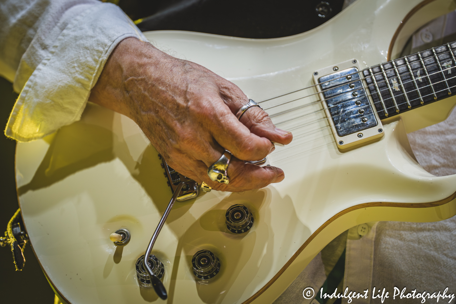 Guitar of Three Dog Night band member Paul Kingery as he performed live at Three Dog Night drummer Dash Hutton performing live at Azura Amphitheater in Bonner Springs, KS on September 25, 2025.