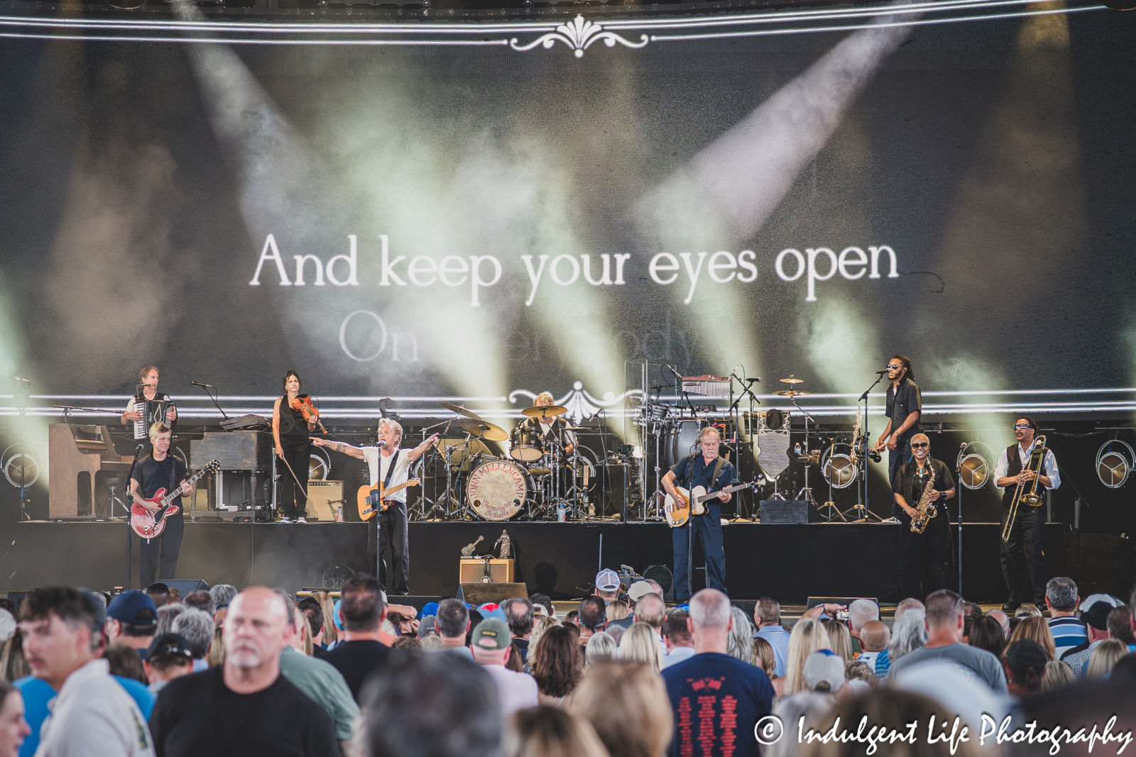 John Mellencamp and his band live in concert performing "Lawless Times" at Morton Amphitheater in Riverside, MO on July 13, 2026.